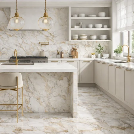 Agatha Gold Marble Look Shiny Ceramic Floor Tile - 595x595mm