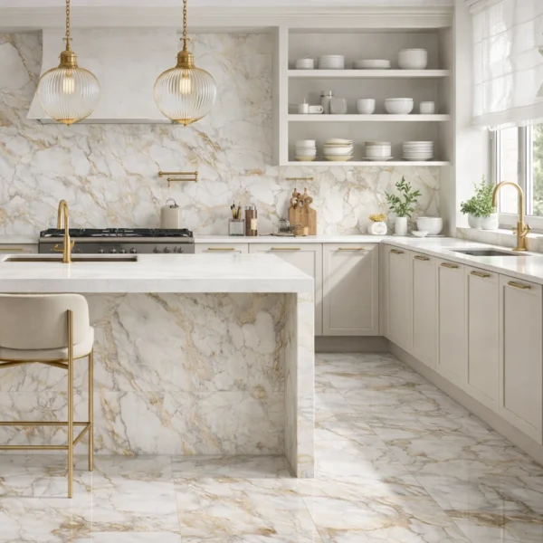 Agatha Gold Marble Look Shiny Ceramic Floor Tile - 595x595mm