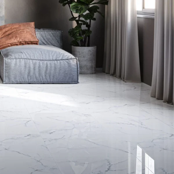 Space Light White Marble Look Shiny Ceramic Floor Tile - 600x600mm
